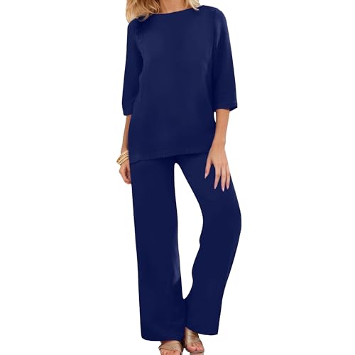 2 Piece Outfits Solid Color Loose for Women Linen Sets Summer Casual Suit 3/4 Sleeve Top Wide Leg Pants with Pockets