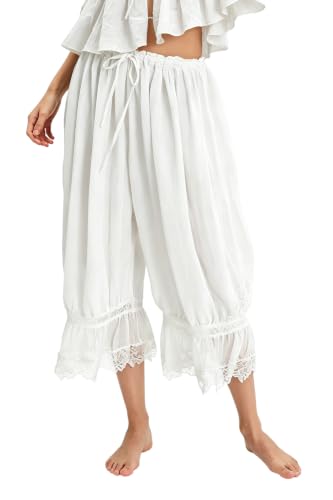 Image of UAURORAO Women Lace Trim Bloomer Pants Flowy Culottes Pantaloons Bloomers