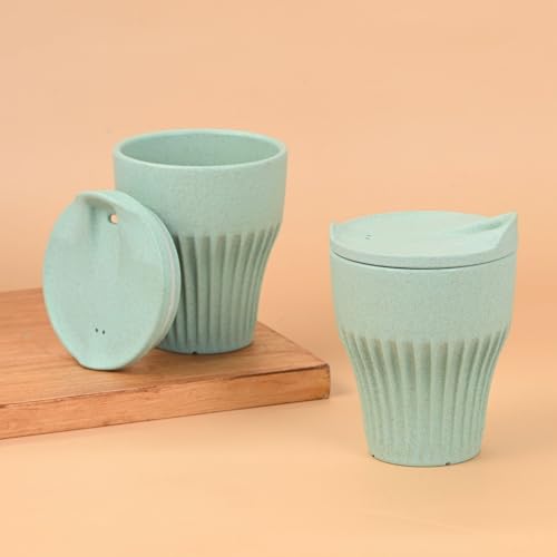 Image of Eha Earth Friendly Rafter Coffee Mug with Lid | Tea Cup Set | 300 ml | Made with Rice Husk | Microwave Safe Mugs for Gifting | 2 Unit | Celeste
