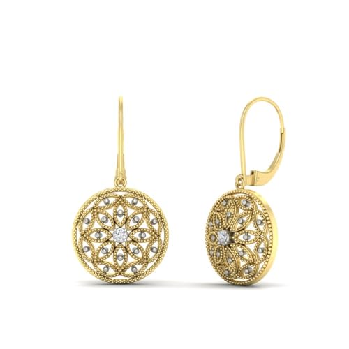 0.10 Ctw Round Cut Lab Grown Diamond Filigree Circle Teardrop Lever Back Earrings for Women Yellow Gold Plated Sterling Silver (SI1-SI2 Clarity And G-H Color)