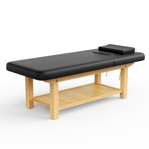 pouseayar Wood Wide Stationary Massage Table for Treatment Table Physical Therapy Table Spa Facial Bed, PU Leather 31.5'' Wide × 75'' Long - Black, 4-Legged Integral Structure