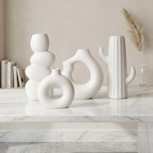Image of Modern Ceramic Vase Set of 4 | Nordic Minimalist Donut, Bubble & Cactus Design Decorative Flower Vases | Matte White Home Decor for Living Room, Center Table, Shelf & Office