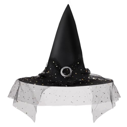 Huniee Chapeaux de Sorcière Halloween Noir avec Gaze Etoile, Chapeau Accessoire Cosplay Femme Adulte pour Fête d'Halloween, Cadeau de halloween – vue 2
