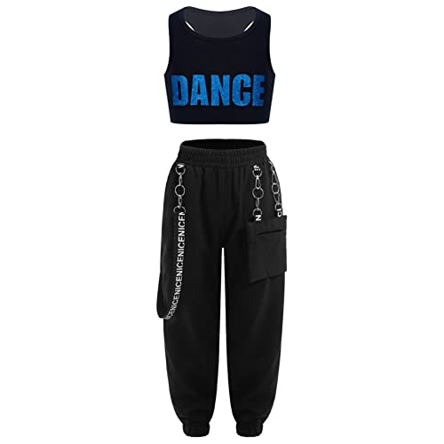 Image of FEESHOW Kids Girls Sports Crop Top with Elastic Waistband Trousers Cargo Pants for Gymnastic Dance Workout Outfit