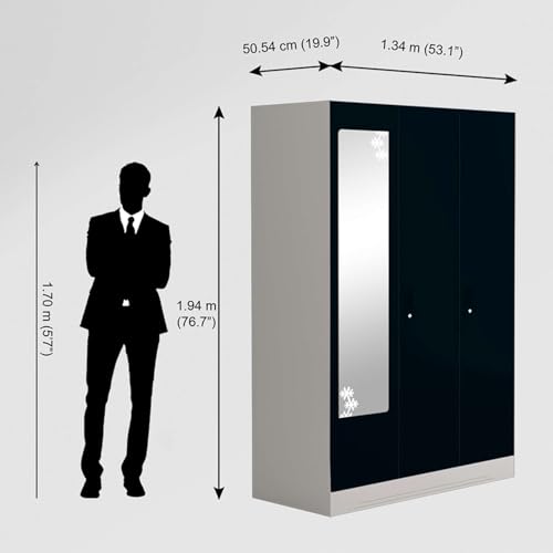 Image of Interio by Godrej Almirah Slimline 3-Door Steel Almirah, Cupboard for Clothes (Pacific Blue), 1-Year Warranty, 7 Shelves, 1 Locker, Star Design Mirror