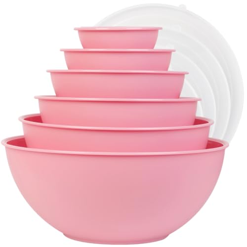 BoxedHome BPA Free Plastic Round Mixing Bowl with Lids 12 Pack Nesting Bowls with Lids Set Microwave and Dishwasher Safe Prep & Serving Bowls Great for Mixing Baking Serving (Pink 12pcs)
