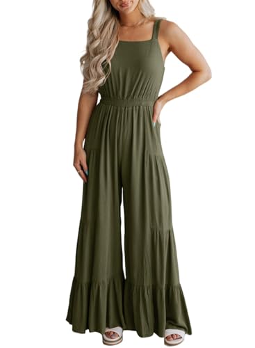 BLENCOT Jumpsuits For Women Casual Sleeveless Ruffle Wide Leg Rompers