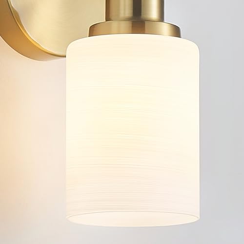 Image of 5-Light Vanity Lights, Brushed Gold Bathroom Light Fixture with Striped Textured Milky White Glass Shade, E26 Modern Vanity Lighting Fixture for Bathroom Wall Sconce Light Over Mirror