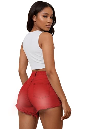 Image of PINSV Women's High Waisted Crossover Jean Shorts Ripped Hem Raw Denim Shorts