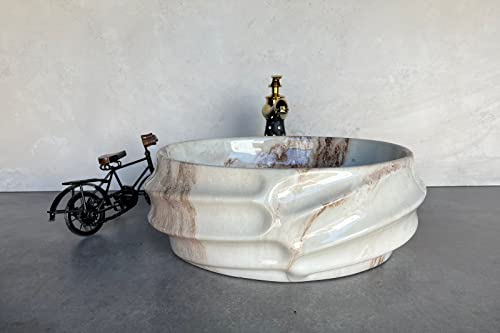 Image of Designer Glossy Finish Ceramic Art Table Top Wash Basin For Bathroom | Collapsible Countertop Washbasin (Black White Glossy Art, 16 x 13 x 6 Inch)