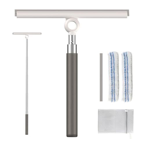 Pawy Pawy Shower Squeegee for Glass Doors, Telescopic 2-in-1 Squeegee for Window Cleaning with Microfiber Scrubber for Bathroom, Tile Wall, Car Windshield