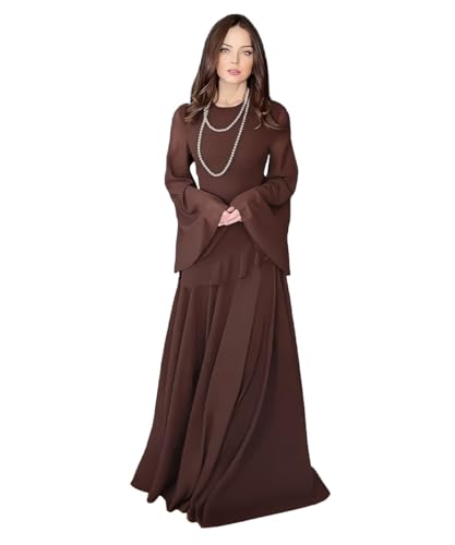 فستان طويل بلون سادة واكمام واسعة وتنورة متعددة الطبقات، يتميز بنمط انيق وسيدي، مناسب للمناسبات الرسمية مثل حفلات العشاء (الامارات العربية المتحدة/السعودية، الفا، L، عادي، طويل، بني داكن)