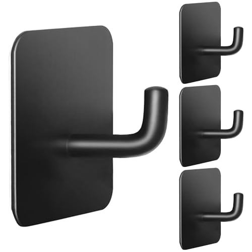 Sticky Hooks for Walls, 4 Pack Black Command Hooks for Hanging Towels, Coats, and Robes, Self-Adhesive Waterproof Stainless Steel Hooks for Bathroom and Kitchen