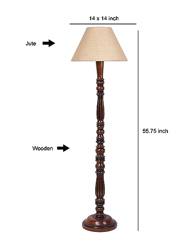 Image of Beige Jute Shade Wooden Floor Lamp with Wooden Base, Height - 53 Inches | Contemporary Standing Lamp for Living Room, Bedroom & Office | Elegant Lighting for Stylish Home Interiors