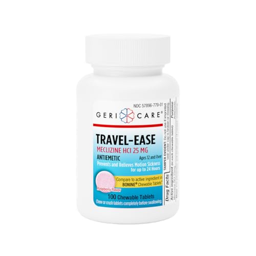 Image of GeriCare Meclizine HCI 25mg Antiemetic Travel-Ease Chewable Tablets, Prevents and Treats Motion Sickness, Nausea Relief, Raspberry Flavor, 100 Count (Pack of 1)