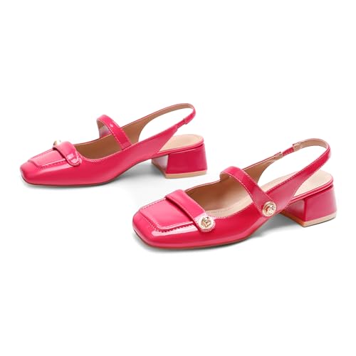 Rose Red Slingback Mary Jane Heels for Women Low Block Heel Closed Square Toe Pump Shoes Heels Classic Daily Office Dressy Shoes Size 6.5 — view 4