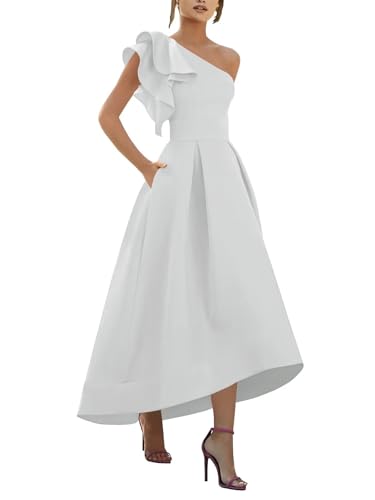 UZN Satin Mother of The Bride Dress One Shoulder Long Formal Wedding Guest Gown with Pockets