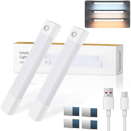 ZTJ 2 Pack Rechargeable Under Cabinet Lights, 50-LED 3 Color Temps Dimmable Motion Sensor Light, 11.8 Inch Magnetic Wireless Counter Closet Lighting for Kitchen, Stairs, Bedroom