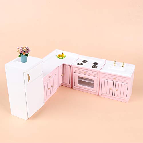 Haomian 1:12 Scale Dollhouse Kitchen Furniture Set, Pink Wooden Miniature L-Shaped Kitchen Cabinets with Fridge Sink Stove, Doll House Kitchen Accessories for Role Play DIY Decor Collectibles by Haomian - Image 3