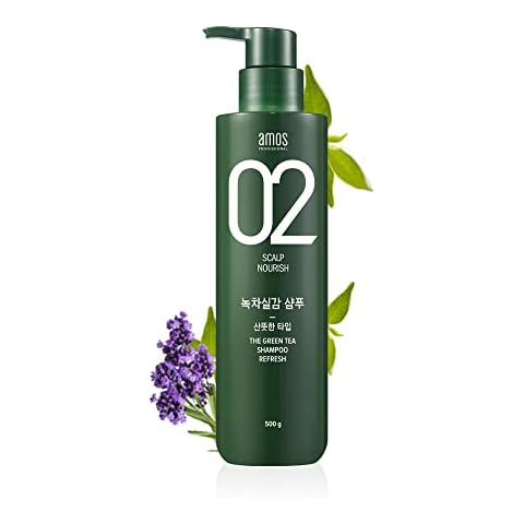 AMOS PROFESSIONAL The Green Tea Shampoo Refresh [For Oily Scalp] 17.6oz (500g) | Anti-Hair Loss Korean Hair Growth Shampoo for Cleanse Excess Sebum Cover