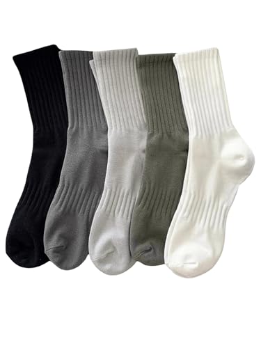 OYOANGLE Men's 5 Pairs Casual Solid Mid Calf Socks Knitted Soft Breathable Crew Socks Athletic Socks