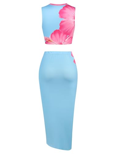 Image of ZAFUL Women's Casual Sleeveless Summer Two Piece Outfits Crop Top and Side Split Draped Ruched Maxi Skirt Set Solid Suiting