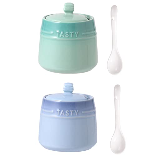 Ceramic Salt and Pepper Shaker Set, Gradient Color Salt Shaker Salt Container with Lid & White Spoon, Spice Jars Salt Shakers for Kitchen (Blue Green)