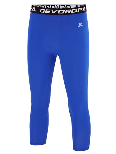 DEVOROPA Youth Boys Compression Pants 3/4 Length Sports Tights Leggings Soccer Basketball Base Layer Royal Blue L