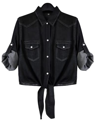 Image of Omoone Wome Crop Modern Denim Top Tie Knot Shirt Chambray Cardigan | Roll Up 3 /4 Sleeve, Button Down, Tie Front Blouse, Western Cowgirl Jean Shirts
