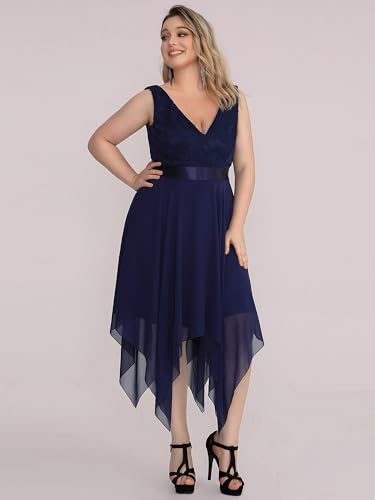 Image of Ever-Pretty Plus Women's V Neck Sleeveless Asymmetric Hem Lace Chiffon Short Summer Plus Size Wedding Guest Dresses Navy Blue US20