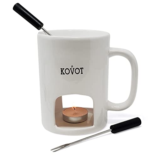 Kovot Personal Fondue Mugs Set Of 2 | Ceramic Mugs For Chocolate Or Cheese | Includes Forks And Tealights| Double Vented (White) #TOP3
