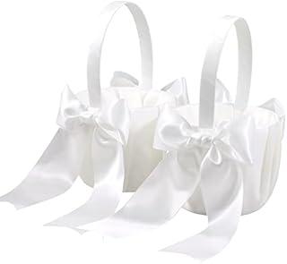 2Pcs Flower Girl Basket for Wedding, Wedding Basket with Satin Bow Wedding Ceremony Party Decor, White