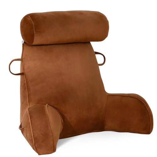 GKXLH Lesekissen - Samt Lesekissen für das Sitzen im Bett Erwachsene, Rückenkissen für das Sitzen im Bett mit rundem Kissen, Rücken-Arm-Unterstützung Bettruhekissen mit Arm & Tasche & waschbarer Bezug