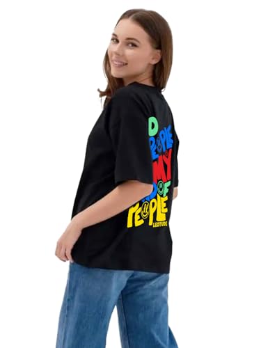 Image of LEOTUDE Women's Cotton Oversized Fit Short Sleeve with Round Neck, Oversized Longline Drop Shoulder, Back Printed T-Shirt