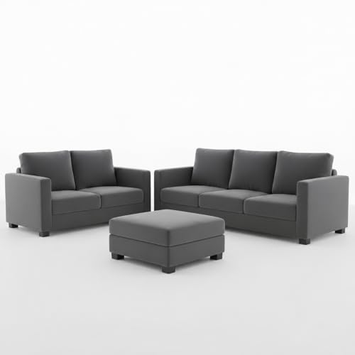 Image of FURNY Haster 3 Seater + 2 Seater Fabric Sofa Set with 1 Ottoman (Dark Grey) with Velvet Finish | Durable Comfort | Ideal for Living Room
