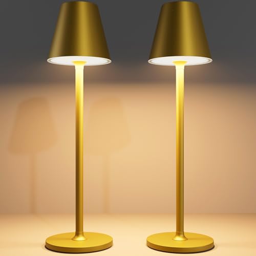 Image of Timjorman 2-Pack Cordless Table Lamps - 5000mAh Rechargeable Battery Operated Desk Lamp, 3-Level Dimmable LED Night Light for Bedroom, Dining, Restaurant - Metal Design (Bronze 2PACK)