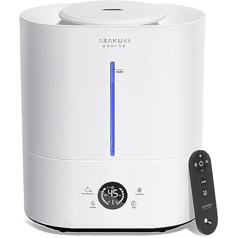 ASAKUKI Humidifiers for Bedroom Large Room, 4L Cool Mist Top Fill Humidifier with LED Display & Oil Diffuser, Humidity Control, Sleep Mode, Ultrasonic Humidifier Quiet for Baby, Kids, Plants, White Cover