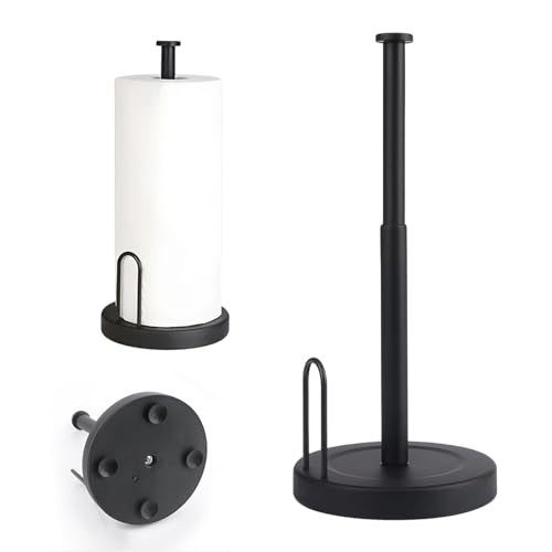 Fairblo Kitchen Roll Holder Free Standing Stainless Steel Paper Towel Holder with Suction Cups Retractable Black Kitchen Towel Holder Paper Towel Holder Stand for Standard and Large Size Rolls