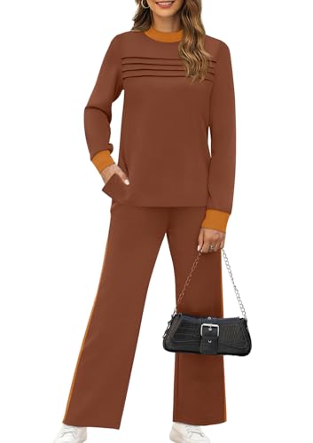 Image of WIHOLL Two Piece Sets for Women Fall Travel Vacation Outfits 2026 Long Sleeve Lounge Sets Side Slit Wide Leg Pants XS-3XL