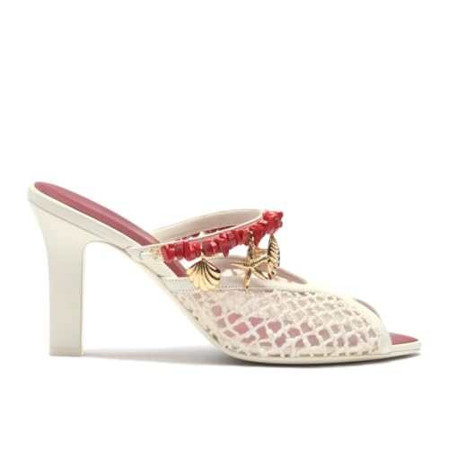 GAXUXR Beaded Peep Toe Block Heel Sandals for Women Mesh