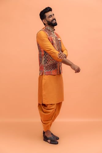Image of Kisah Men's Cotton Printed Jacket Set with Nehru Jacket Regular Fit | Designer Ethnic Layering | Wedding & Occasion Wear