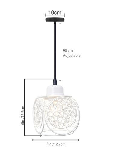 Image of Modern White Metal Crystal Pendant Light | Round Cage Hanging Ceiling Lamp | Decorative Chandelier Light for Living Room, Bedroom, Dining Area | Warm Ambient Lighting (Ring Cube White)