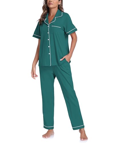 Image of CF Womens 100% Cotton Pajamas Set Button Down Pjs Sets Short Sleeve Top & Long Pants Sleepwear Comfy Loungewear with Pockets
