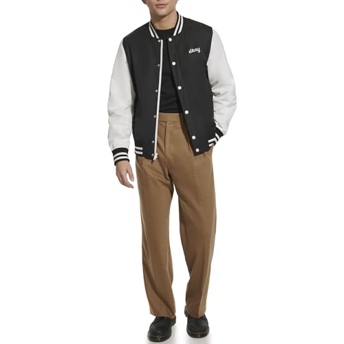 DKNY メンズ 軽量 バーシティ ジャケット、ブラック、L - DKNY(ディーケーエヌワイ) - 商品画像