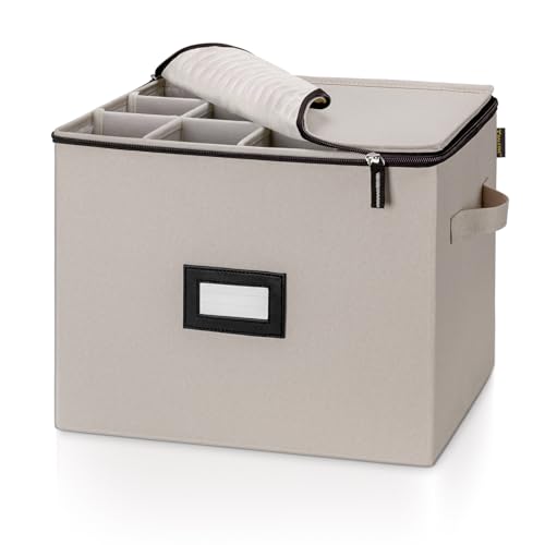 BALEINE China Storage Containers, Sturdy Quilted Wine Glass Storage, Plate Organizer with Carry Handles, Moving Boxes for Dishes, Cups, Mugs and Stemware (Champagne Flute, Hard Shell Cream)