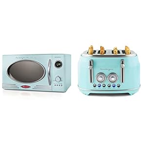 Nostalgia Retro Countertop Microwave Oven, 0.9 Cu. Ft. 800-Watts with LED Digital Display, Child Lock, Easy Clean Interior, Cu.Ft, Aqua & Nostalgia Classic 4-Slice Wide Slot Toaster, Aqua
