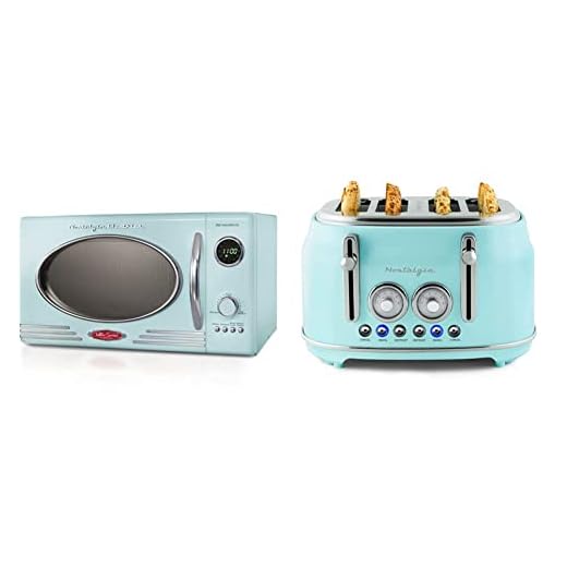 Nostalgia Retro Countertop Microwave Oven, 0.9 Cu. Ft. 800-Watts with LED Digital Display, Child Lock, Easy Clean Interior, Cu.Ft, Aqua & Nostalgia Classic 4-Slice Wide Slot Toaster, Aqua