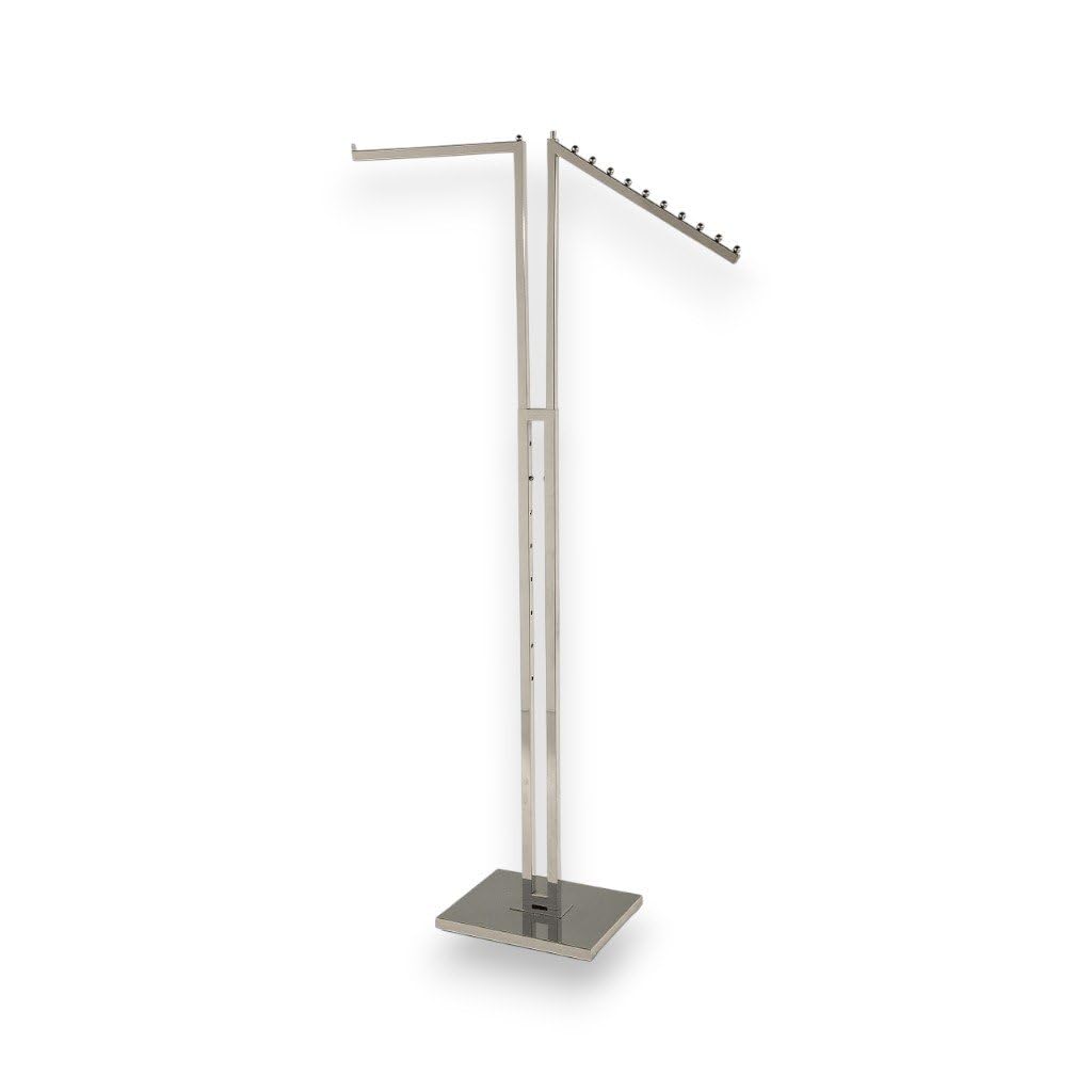 Shoplines Supplies Chrome Clothes Display Stand Adjustable 2 Arm Mixed Rail with Straight & Waterfall Arms Dual Garment Rack for Retail & Boutiques Height Adjustable Flat-Pack Assembly