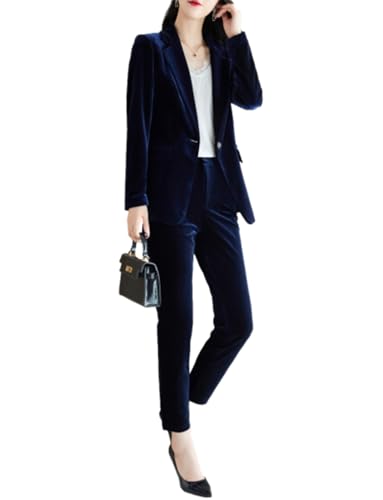 Women's Velvet Suit Single Breasted Jacket & Pants Notch Lapel Outfits for Casual Dinner