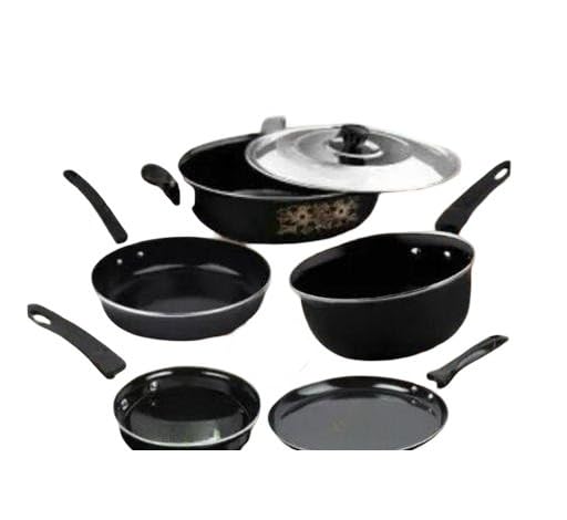 Image of Ceramic Coated Cast Iron Non Stick Induction Cookware Set 6 Piece Kadai Fry Pan Tawa Saucepan Milk Pan Kitchen Set Black Free Size